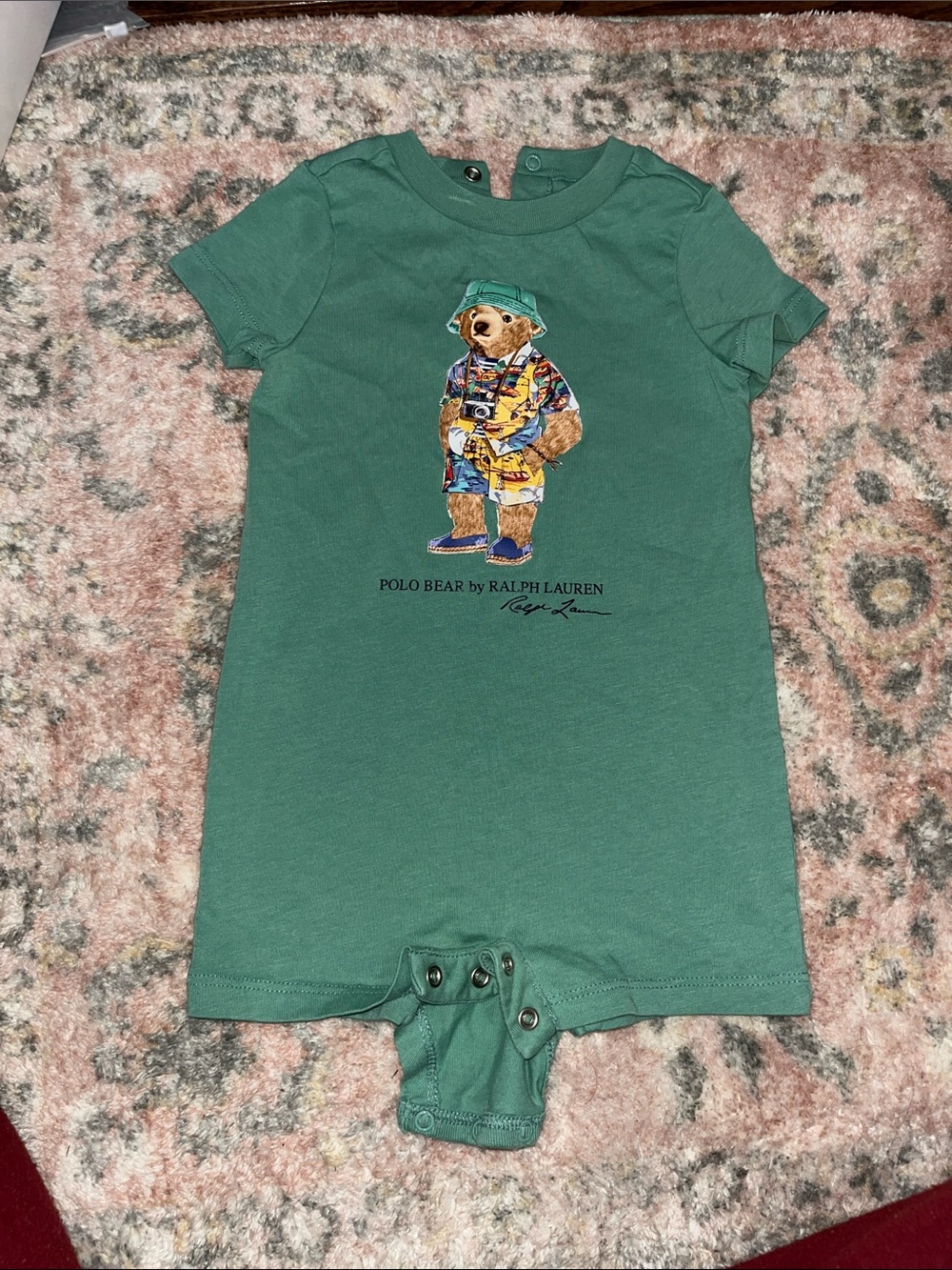 Polo by Ralph Lauren Green Bear Graphic Short Sleeve One-Piece 6M